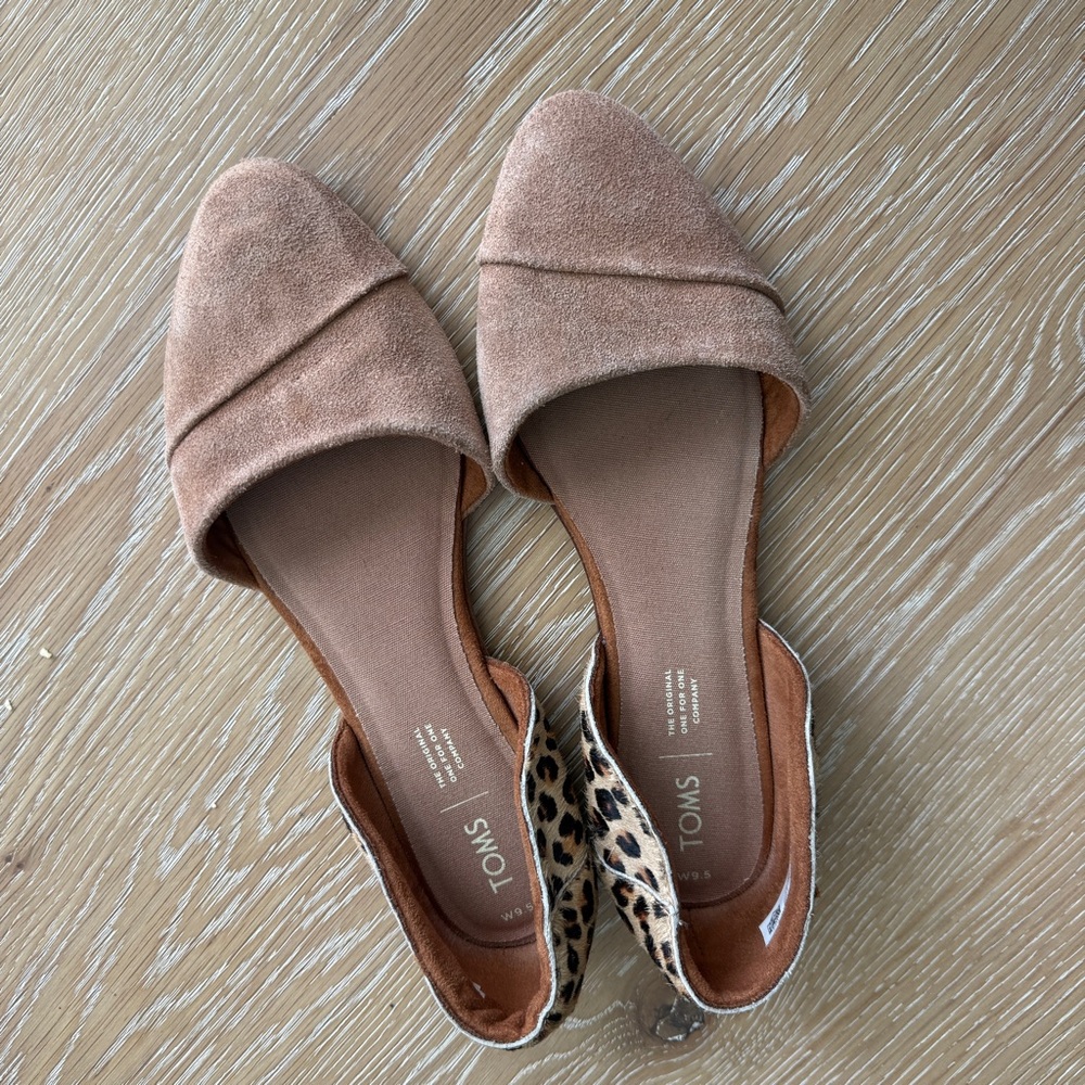 TOMS Tan Suede D'Orsay Flats with Leopard Heel Accent